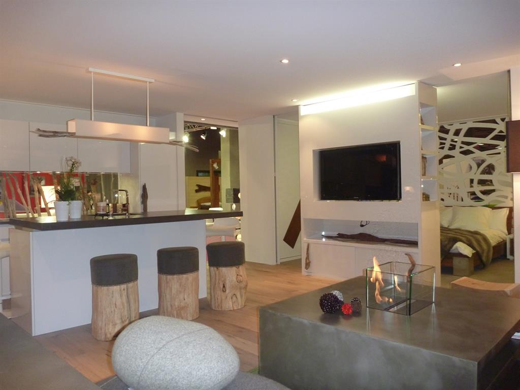 Plateau de vie d'un petit loft avec cuisine ouverte sur le salon